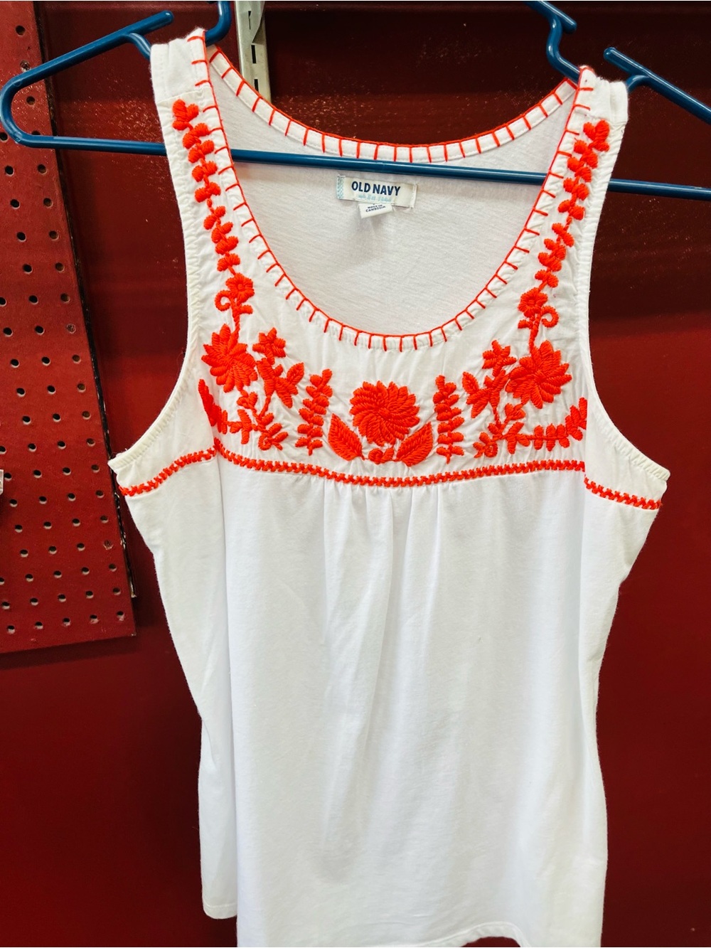 Old Navy White Tank Top with Bright Orange Embroidered Floral Yoke